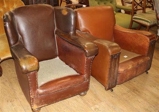 A 1930s tan leather and linenfold carved armchair